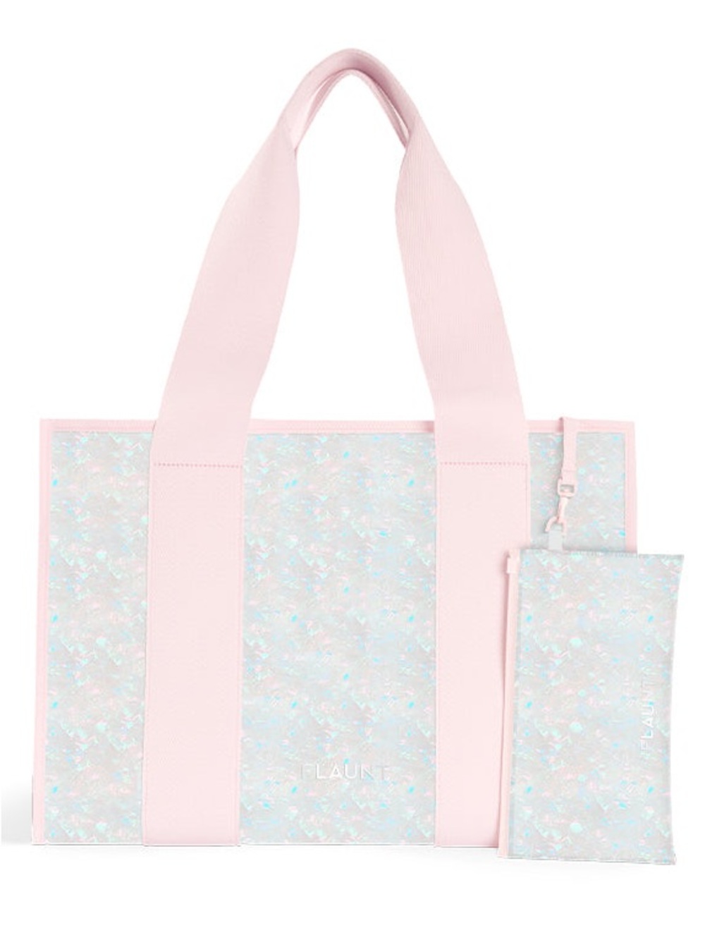 NWT FLAUNT TOTE Pastel Pink Iridescent Tote with Matching Pouch